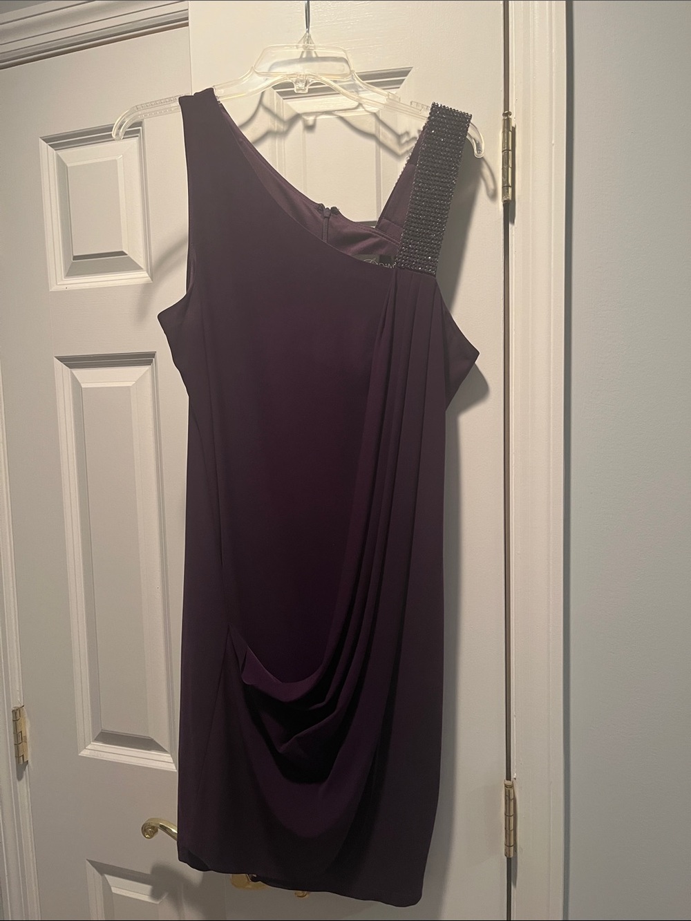 Betsy & Adam One-Shoulder Draped Plum Cocktail Dress with Beaded Strap
